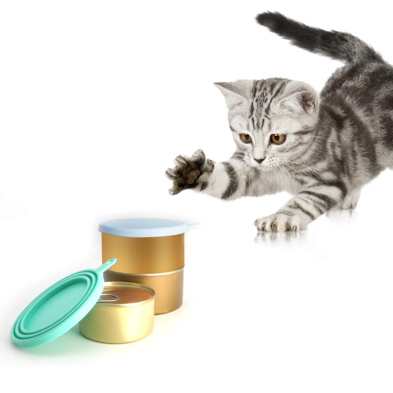 [Australia] - SLSON 2 Pack Pet Food Can Cover Universal Silicone Cat Dog Food Can Lids 1 Fit 3 Standard Size Can Tops with 2 Spoons,Light Blue and Green 