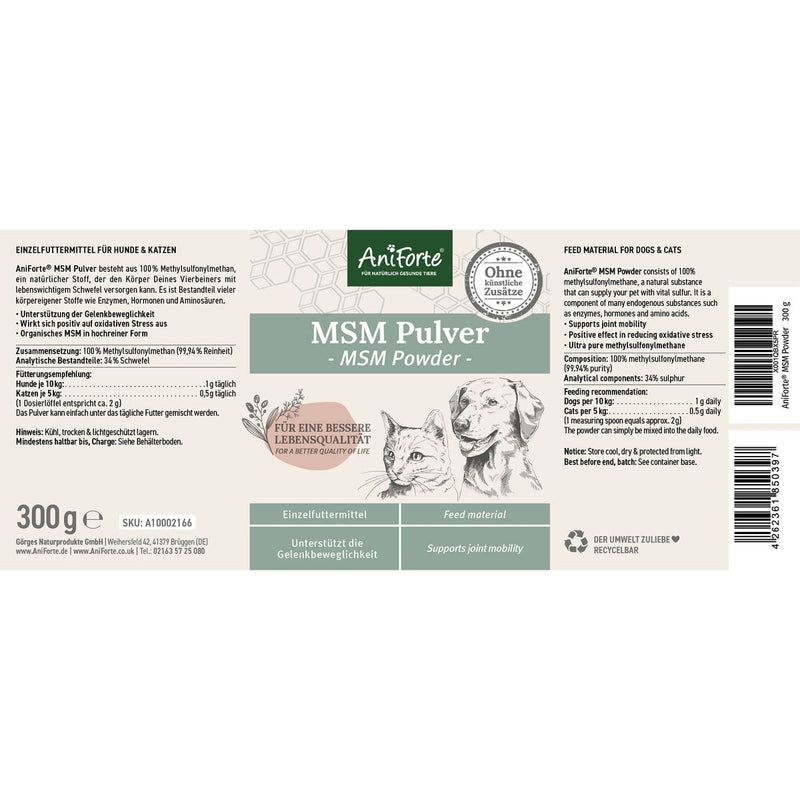 AniForte MSM Powder for Dogs & Cats 300 g - Highly pure methylsulfonylmethane, high dosage with a purity of 99.94%, organic sulfur for animals as a joint powder, highest quality - PawsPlanet Australia