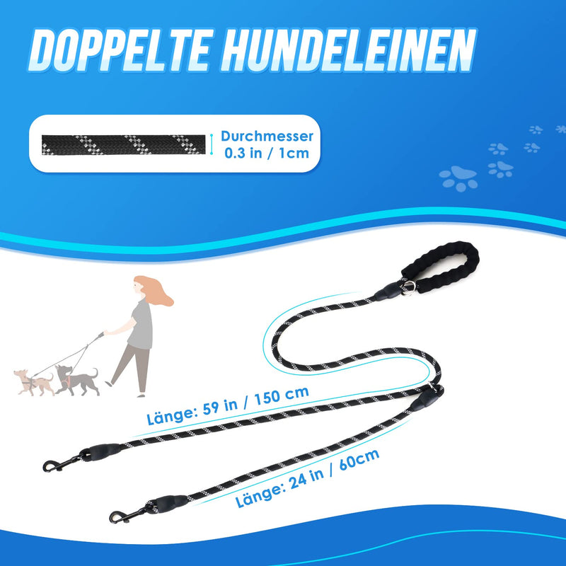 SlowTon Double Lead for 2 Dogs, 360° Rotatable No Tangle Double Leads Flexible Dog Lead Splitter for Two Dogs with Soft Padded Handle and Reflective L Black 1 - PawsPlanet Australia