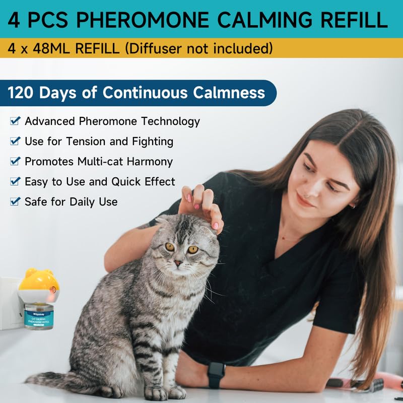 Woyamay Cat Calming Diffuser Refills - 4 Pack Cat Pheromones Calming Diffuser for Cat Anxiety Relief, Cat Pheromone Diffuser, 120 Days Pheromone Diffuser to Calm Cats, Fits All Common Diffuser Heads 4 Refills - PawsPlanet Australia