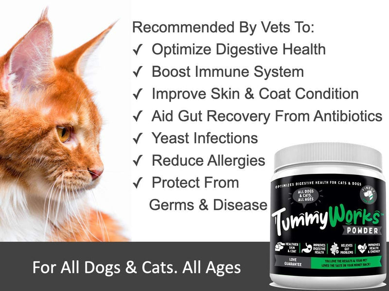 TummyWorks Probiotic Powder for Dogs & Cats. Relieves Diarrhea, Upset Stomach, Gas, Constipation & Bad Breath, Itching & Yeast Infections. Digestive Enzymes & Prebiotics. Made in USA 160 Scoops. 208 grams - PawsPlanet Australia