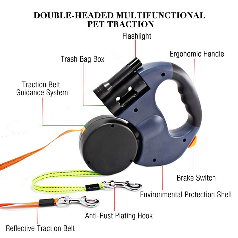 Gobesty Double Retractable Dog Lead, 3M Flexible Retractable Dog Lead Double Lead for Two Dogs with LED Light and Bin Box for Two Dogs (Less than 11.4 kg (25 lbs) per dog) - PawsPlanet Australia