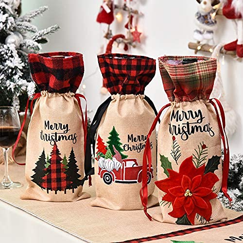 Christmas Wine Bags Set of 6,Linen Embroidery Wine Covers Gift Wrap Bags for Christmas Dining Room Decoration,Party,Wedding.etc - PawsPlanet Australia