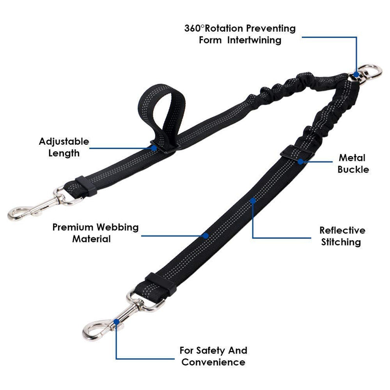 Nasjac Double Dog Leash Lead, Dual Dogs Lead Splitter 360° Rotation No Tangle, Reflective Adjustable Length 2 Dogs Coupler, Comfortable Shock Absorbing Bungee for Dogs Daily Walking Training Black - PawsPlanet Australia