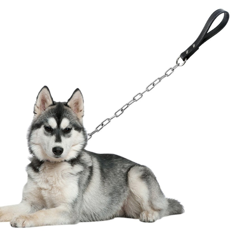 [Australia] - Didog 28 inch Length Heavy Duty Anti-bite Dog Giant Chain Leash with Leather Handle Black 