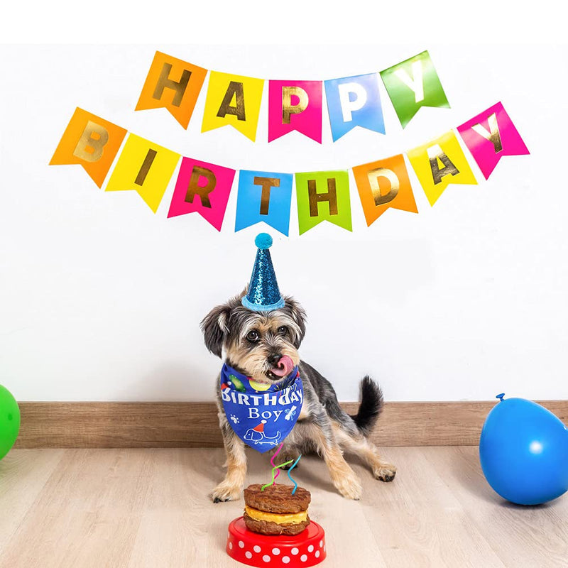 CUTEFURRY Boy Dog Birthday Bandana and Hat Set, Soft Breathable Birthday Triangle Scarf and Cute Party Hat, Excellent Birthday Gift for Small Medium Dogs, Puppies Blue - PawsPlanet Australia