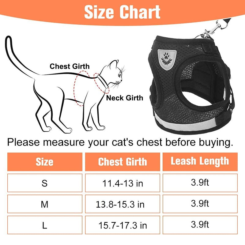 Cat Harness and Leash Set - Reflective Escape Proof Cat Harness for Kitties Daily Outdoor Walking with Soft Breathable Mesh Chest Strap and Durable Leash, Black S (Chest 11.4"-13" / Leash 3.9ft) - PawsPlanet Australia