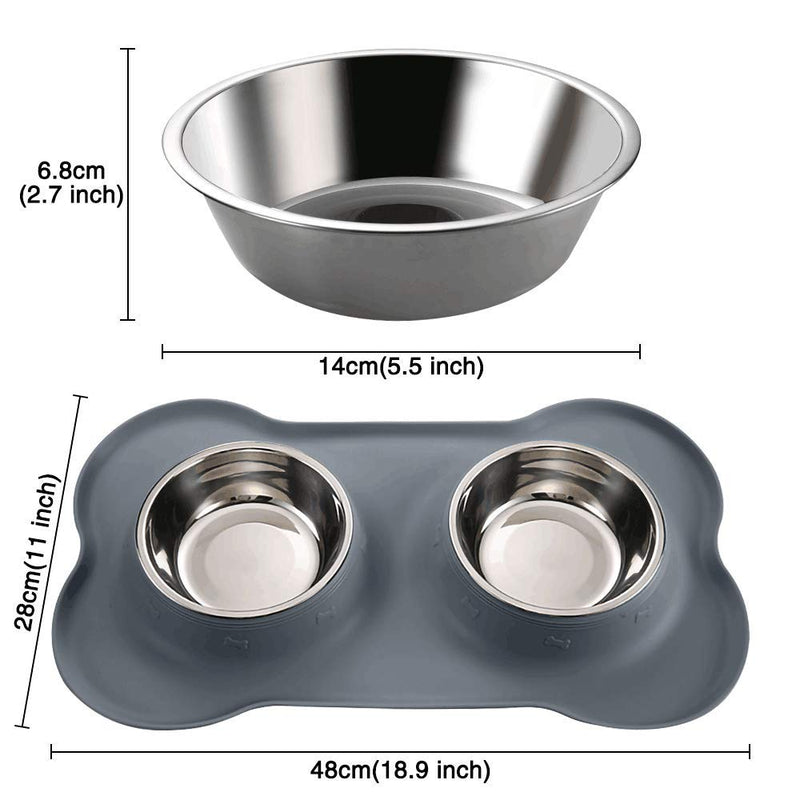 Plartree 2 x 850ML Dog Bowls, Stainless Steel Double Bowls Set with Pet Food Mat,18 * 11in Silicone Non Slip Dog Feeding Bowls for Dog Cat Bowl Water Food Feeding Mat(Grey) - PawsPlanet Australia