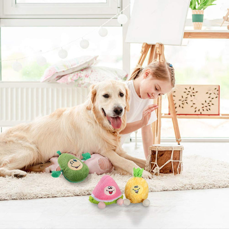 BINGPET Dog Plush Squeaky Toys - 3 Pack Durable Interative Soft Stuffed Teething and Chew Toys with Squeakers and Rope for Small Medium Large Dogs, Pineapple, Avocado, Watermelon - PawsPlanet Australia