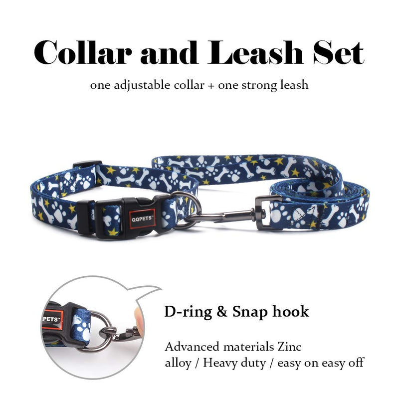 [Australia] - QQPETS Dog Collar Leash Set Adjustable Personalized Basic Collars Leash with Handle for Puppy Small Medium Large Dogs Training Walking Running Bone Pattern S 