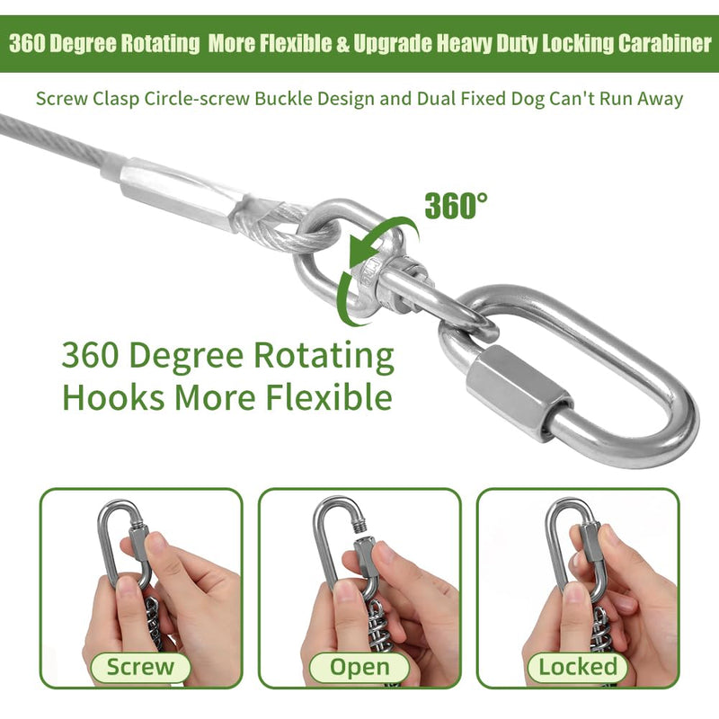Miao Chuai Dog Tie Out Cable,10/15/20/30/40/50FT Dog Cable with Swivel Hook and Shock Spring,Heavy Duty Dog Leads for Yard Outdoor and Camping,Dog Lead Runner for Large Dogs (Silver, 15ft 120Ibs) Silver - PawsPlanet Australia