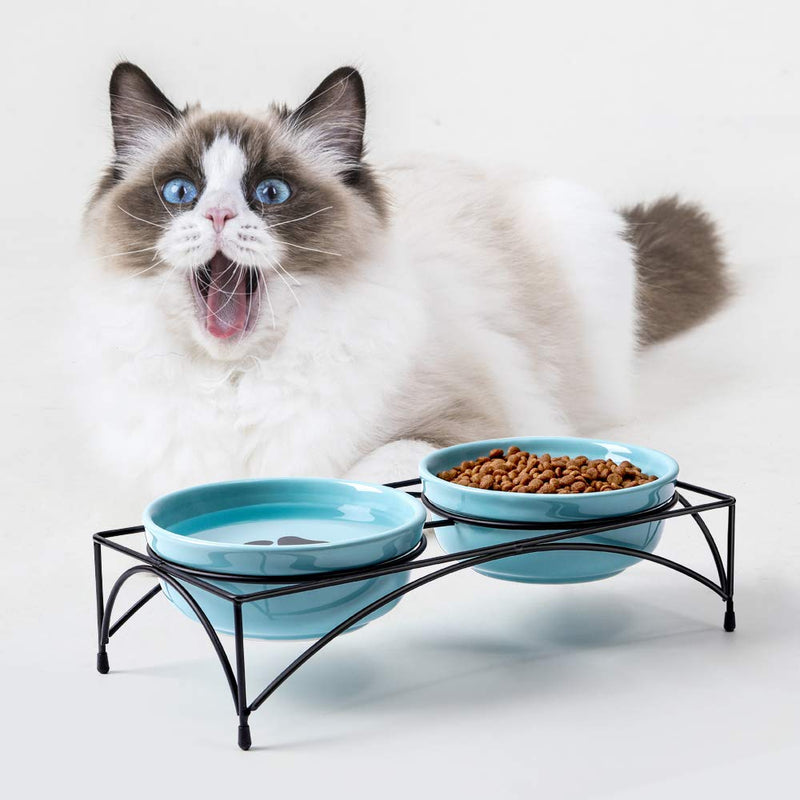 Y YHY Ceramic Cat Food Dishes, Raised Pet Food Bowls and Water Bowls, Double Cat Dishes with Metal Stand, Gift for Cat and Puppy, 355ML, Blue - PawsPlanet Australia