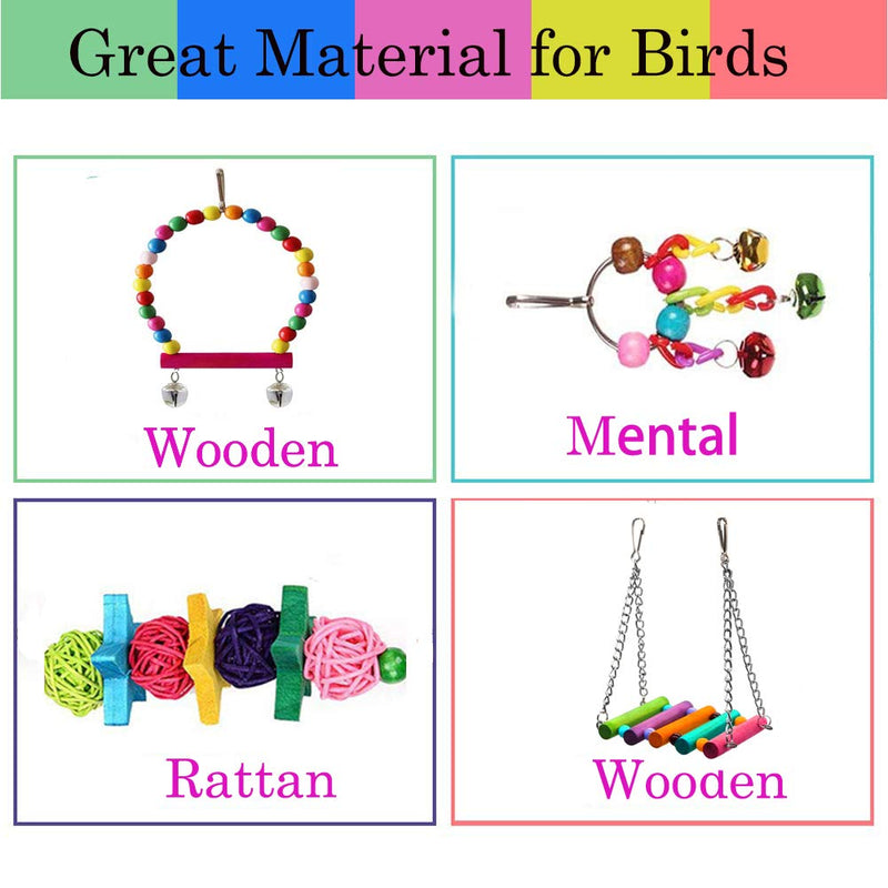 [Australia] - PBIEHSR Bird Parrot Swing Toys, 19 Pcs Pet Bird Cage Hammock Shoe Chewing Toy Hanging Bell Wooden Perch for Small Parrots, Conures, Love Birds, Small Parakeets, Finches, Budgie 