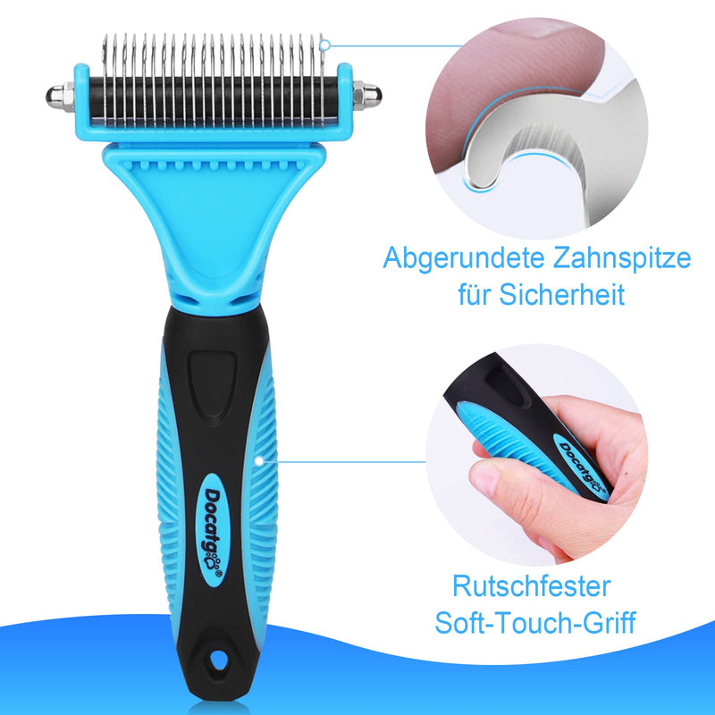 Docatgo dog brush for long hair, dog brush, cat brush, 2 in 1 dog brush for undercoat, dog comb, cat comb, rake comb for medium long hair, easy to remove undercoat and tangles, blue - PawsPlanet Australia