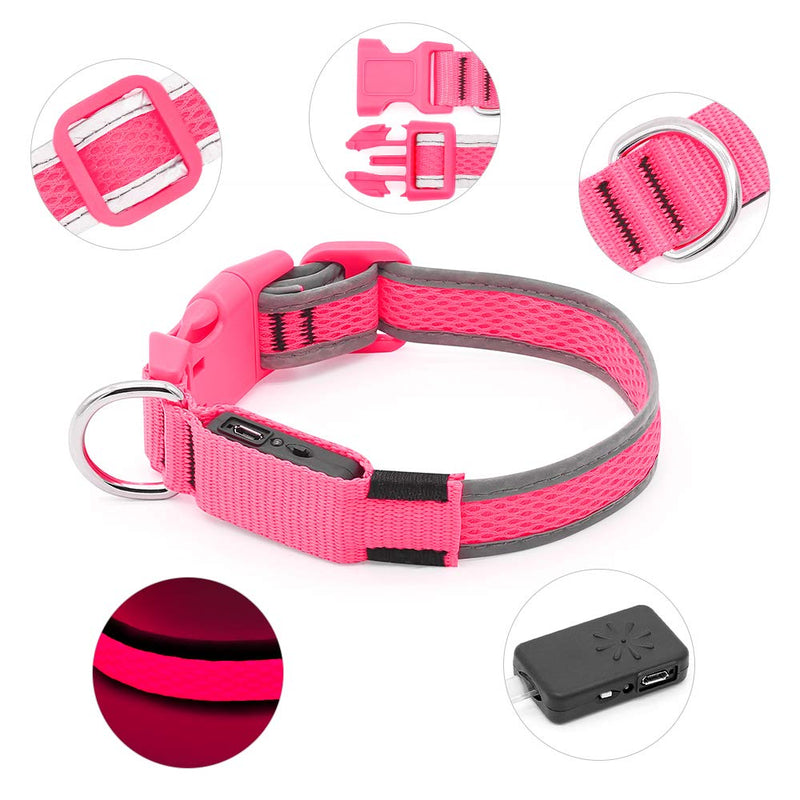 [Australia] - Clan-x LED Dog Collar, USB Rechargeable Light Up Collars, Adjustable Mesh Webbing Reflective Dog Collar for Your Small Medium Large Dogs Large [16.9-25.6inch/43-65cm] Pink 