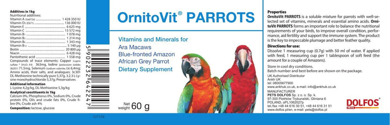 PETS Dolfos OrnitoVit Ara Macaws, Blue-fronted Amazon and African Grey Parrot Vitamins Minerals with lysine and Methionine 60g - PawsPlanet Australia