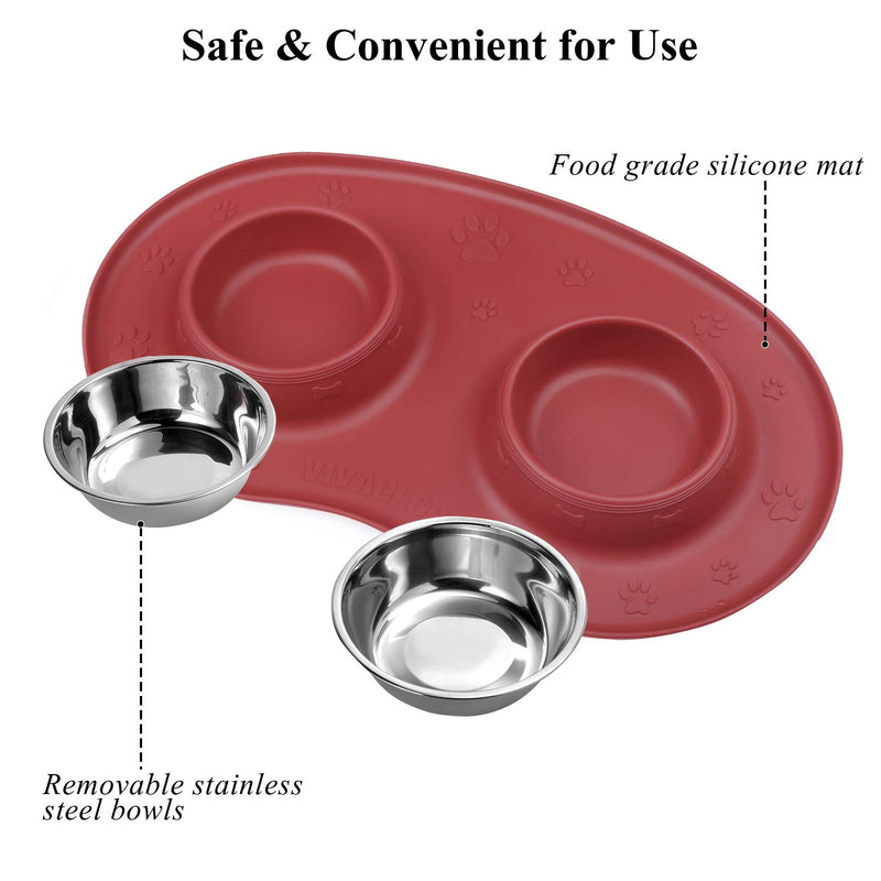 Vivaglory Dog Bowls Set with Double Stainless Steel Feeder Bowls and Wider Non Skid Spill Proof Silicone Mat for Cats Puppies Dogs 6½ oz ea. Burgundy - PawsPlanet Australia