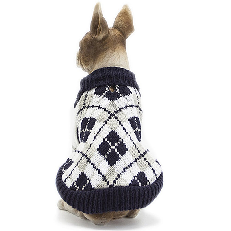 BOBIBI Dog Sweater of The Diamond Plaid Pet Cat Winter Knitwear Warm Clothes,Navy,XS X-Small(Back Length 8") Navy - PawsPlanet Australia