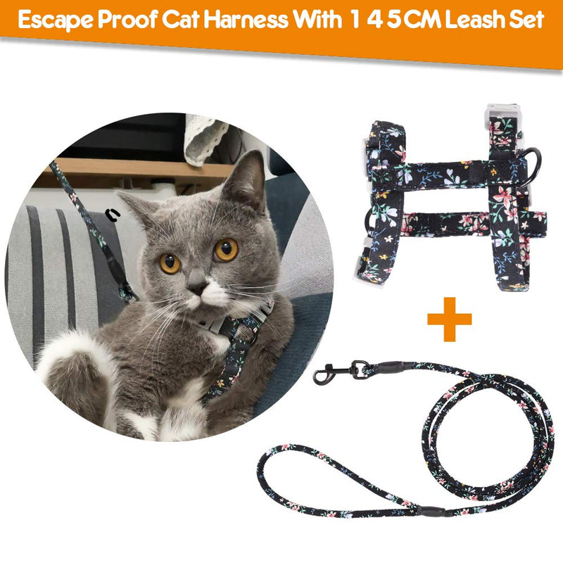 PETTOM Cat Harness with Lead, Adjustable Harness Lead Set for Cat Kitten Small Pet Outdoor Walking with Quick Buckle, Floral Design S: Chest 18 - 30 CM Black Floral - PawsPlanet Australia