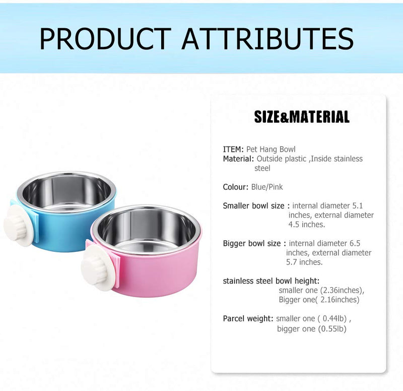 [Australia] - THEMART Stainless Steel Hang-on Bowl for pet Dog cat Crate cage Food Water Pink Blue Colors Small 