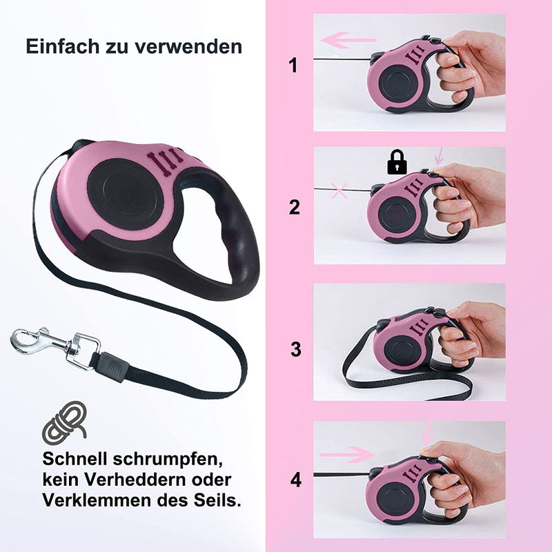 Dog Lead, 5 m Retractable Dog Lead for Small, Medium and Large Dogs, Pink - PawsPlanet Australia