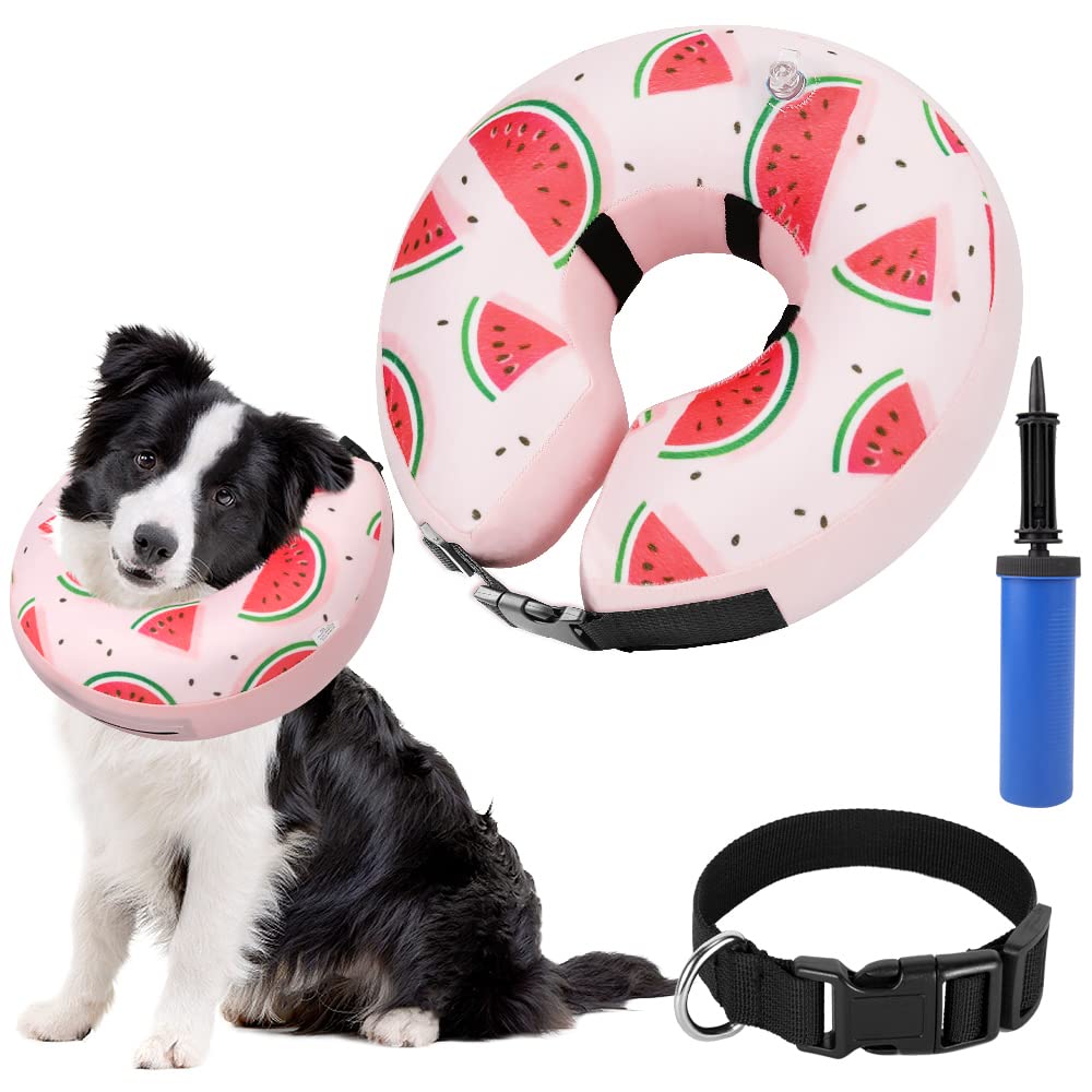 SlowTon Inflatable Dog Cone Collar After Surgery, Soft Adjustable Dog Neck Donut Collar for Small Medium Large Dogs Cats, Pet Recovery Cone E-Collar for Anti-Bite Lick Wound Healing (Watermelon M+) Watermelon Medium+ - PawsPlanet Australia