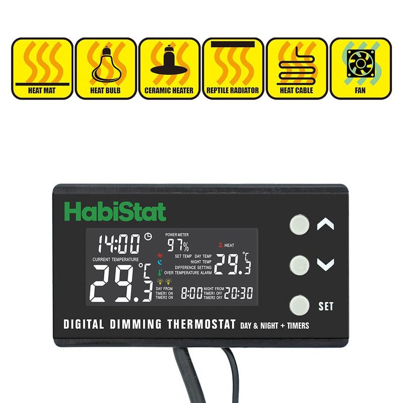 Habistat - Digital Dimming Thermostat - Day And Night Timer - Waterproof - 3 Metre Long Sensor - Adjustable Alarm - Perfect For Reptile Encourages - 600 Watt - PawsPlanet Australia