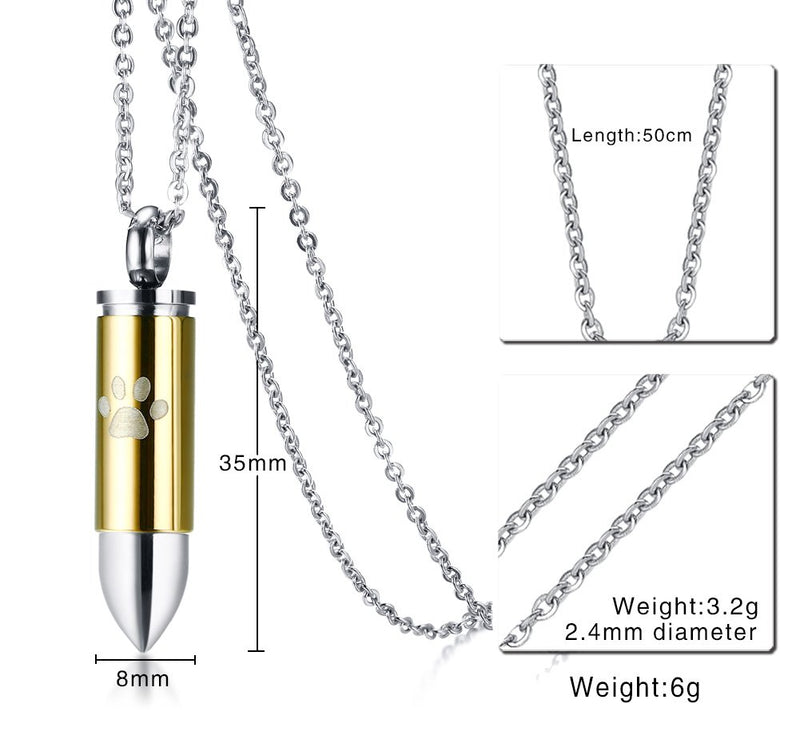 [Australia] - HUANIAN Stainless Steel The Bullet Urn Necklace for The Dog paw Keepsake Memorial Cremation Jewelry Gold 