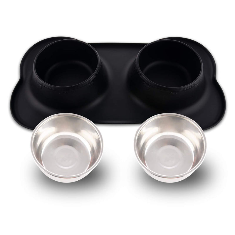 [Australia] - Guardians Dog Bowls with Mat, Stainless Steel Dog Food Bowls, No Spill Non-Skid Silicone Mat Pet Feeder Bowl for Medium Animals L(26.5oz+26.5oz) Black 