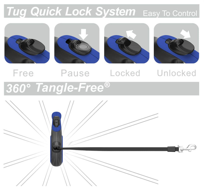 [Australia] - TUG 360° Tangle-Free, Heavy Duty Retractable Dog Leash with Anti-Slip Handle; 16 ft Strong Nylon Tape/Ribbon; One-Handed Brake, Pause, Lock Small Blue 