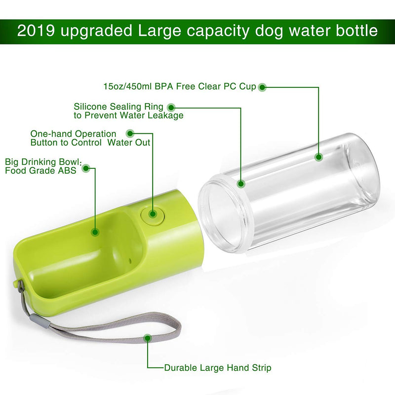 YUSKO Portable Dog Water Bottle 450ml, Pet Water Bottle, Food Grade ABS Leak Proof Lightweight Water Dispenser Drinking Bowl Bottles for Pet Outdoor Travel, Walking Drinking Cup (16 Oz) (Green) Green - PawsPlanet Australia