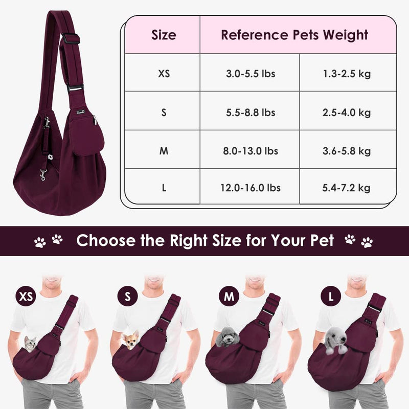 AUTOWT Dog Padded Papoose Sling, Small Pet Sling Carrier Hands Free Carry Adjustable Shoulder Strap Reversible Tote Bag with a Pocket Safety Belt Dog Cat Traveling Subway 3-8lbs Burgundy - PawsPlanet Australia