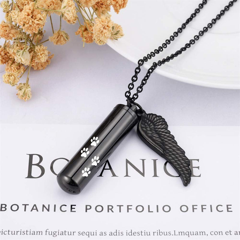 [Australia] - HooAMI Cremation Jewelry Urn Necklace for Ashes with Angel Wing Charm & Pet Paw Print Cylinder Black 48mm 