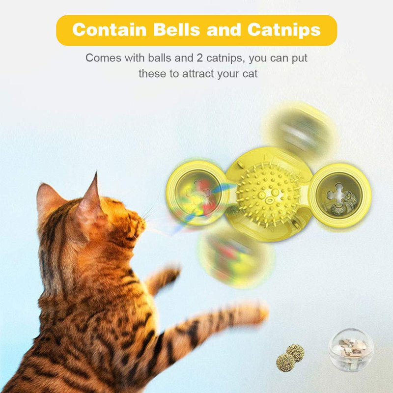 Abnaok Catnip Toy for Indoor Cats Interactive, Windmill Cat Toy Kitten Toys with Led Ball and Catnip Ball, Wall Mount Cat Brush (Yellow) Yellow - PawsPlanet Australia