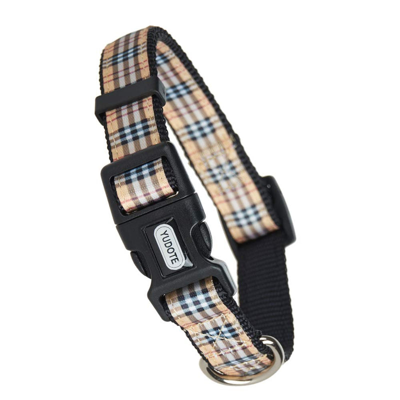 YUDOTE Adjustable Black Nylon Dog Collars Small with Tartan Plaid Begie Ribbon for Puppies Little Dogs Neck 25-38cm S (Pack of 1) - PawsPlanet Australia