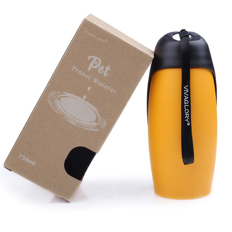 VIVAGLORY Leakproof & Portable Dog Water Bottle, 750ML Dog Drinking Bottle with Large Trough, Orange Yellow - PawsPlanet Australia