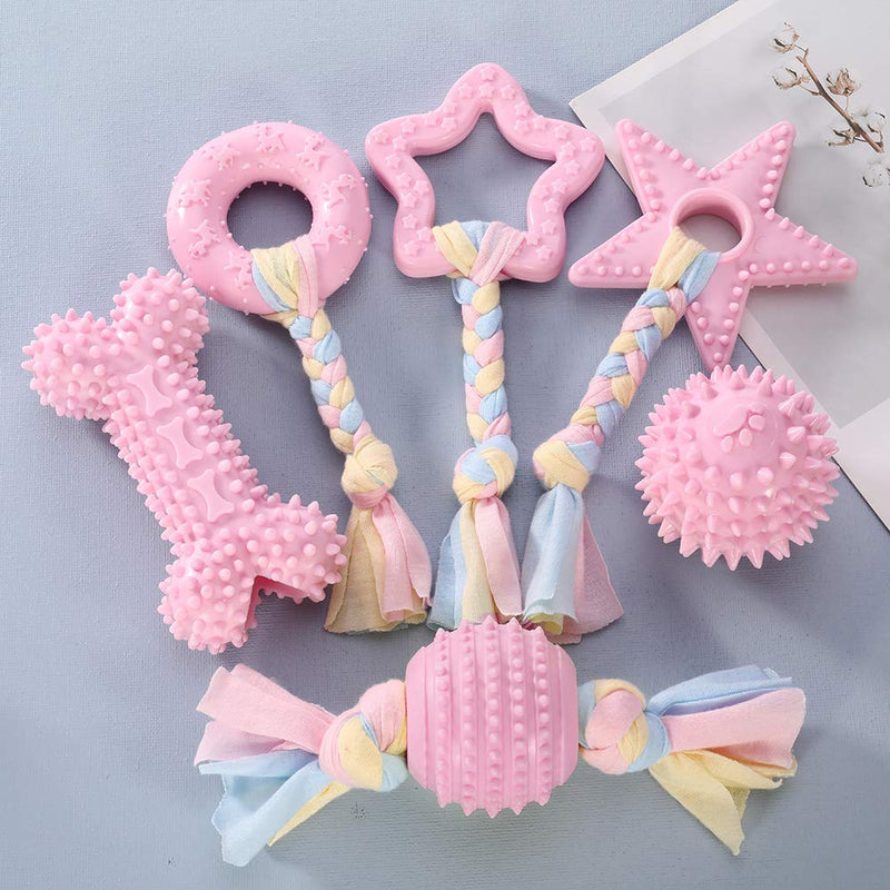 hugttt 6 Pieces Puppy Teething Toys Dog Chew Toys Set Small Dogs Teeth Clean Toy with Cotton Rope for Puppies Pet Thanksgiving Xmas Gift (Pink) Pink - PawsPlanet Australia