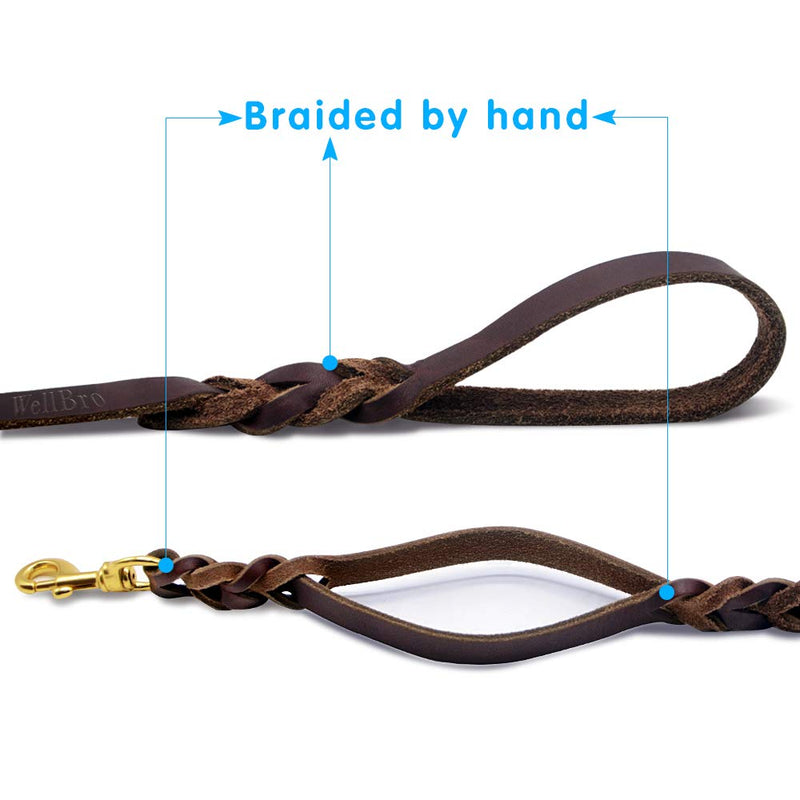 [Australia] - Wellbro Luxury Genuine Leather Double Handle Dog Leash, Braided Training Lead with Traffic Handle, Easy Control and Heavy Duty, 1.8cm Width by 6ft Length, Brown 