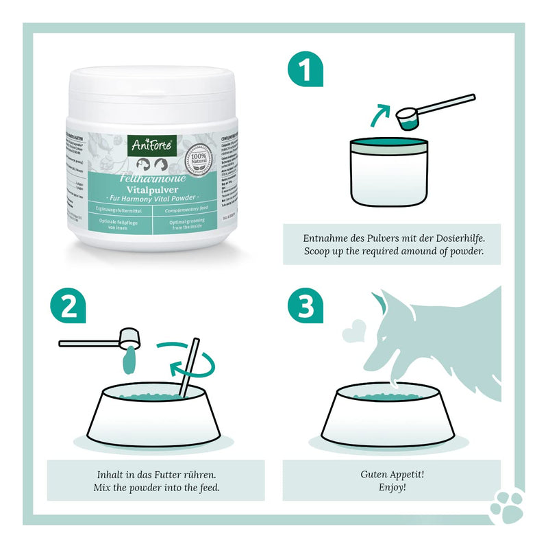 AniForte Fur Harmony Fur Care for Dogs and Cats Vital Powder 250g - Natural Powder for Shiny Coat, Optimal Care from The Inside for Vital Skin and Coat, Supports Metabolism & Immune System - PawsPlanet Australia