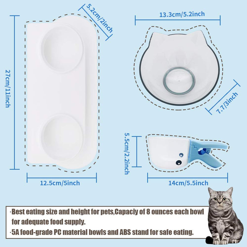 WQU elevated double cat bowl, lovely cat-ear style, 15° inclined non-slip cat food and water bowl, protect the pet's cervical spine, removable cat and dog pet bowl, free food spoon Clear - PawsPlanet Australia