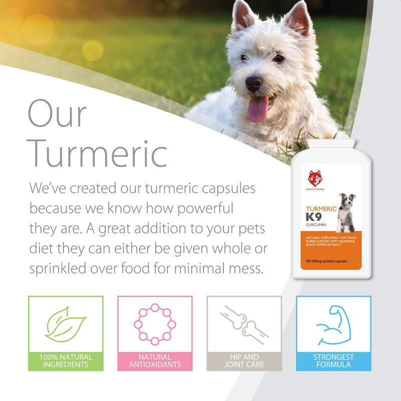 Turmeric K9 for Dogs and Pets 120 x 500mg equal to 10000mg Sprinkle Capsules | 100% Natural Turmeric Curcumin with Bioperine Black Pepper Extract | Joint Care Supplement & Antioxidant | UK Made 120 caps - PawsPlanet Australia
