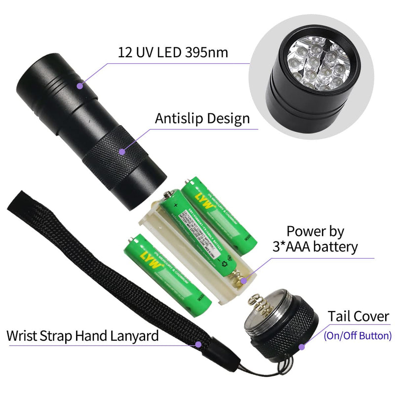 Beike D09 UV Flashlight(Battery Included), 395nm Black Light Flashlight, 12 LED Mini UV Light Flashlight for Pets Urine and Stains - PawsPlanet Australia