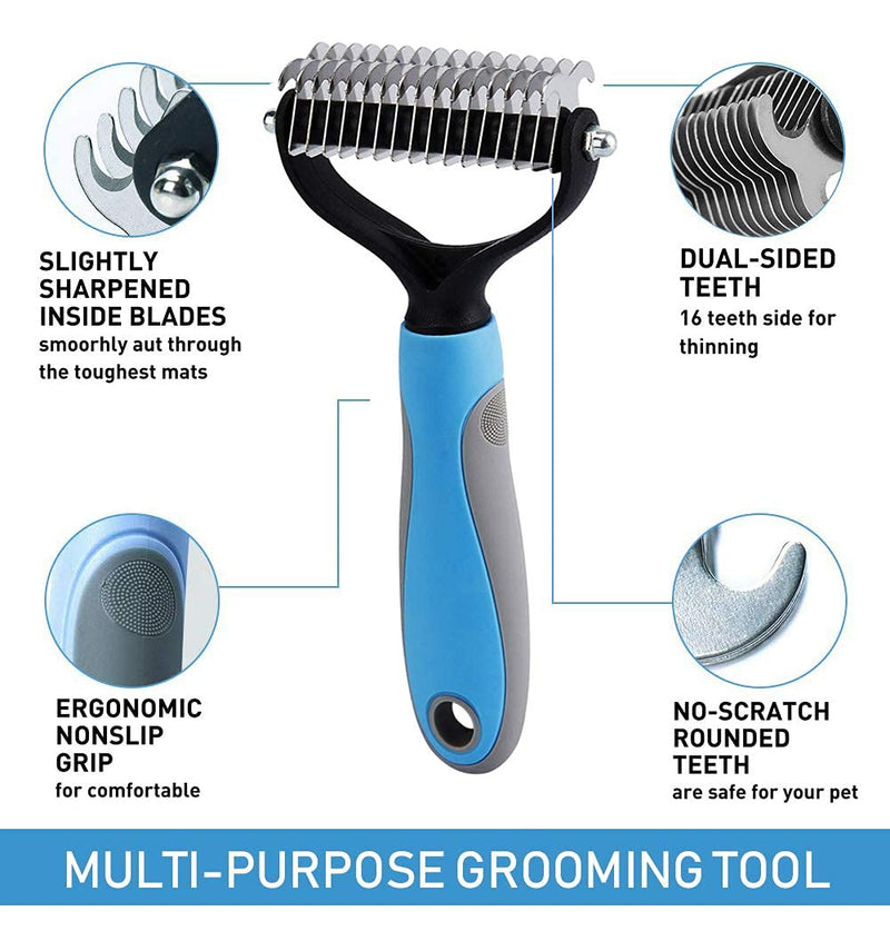 Uoking Pets Grooming Tools, 2 Sided Professional Deshedding Comb Undercoat Rake to Remove Loose Knots, Mats, Tangles Hairs Fits for Pets, Cats, Dogs, Horses and Rabbits(Blue) Blue - PawsPlanet Australia