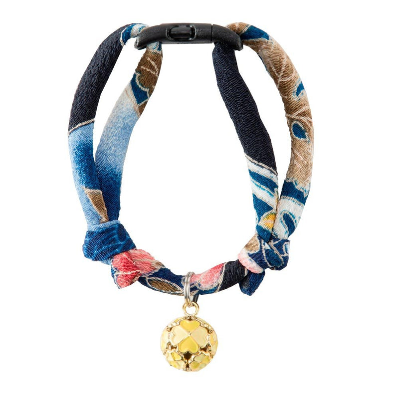 Necoichi Chirimen Cat Collar with Clover Bell, Handcrafted in Japan, 1 Size fits All Navy - PawsPlanet Australia