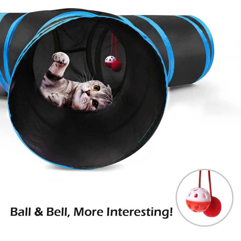Pawaboo Cat Tunnel - Foldable 3-Way Cat Tunnel Cat Play Tunnel Play Tunnel Rustling Tunnel Cat Toy with Pompon and Bells for Dogs, Puppies, Rabbits, 25 * 40cm, Black and Light Blue 3-Way Blue - PawsPlanet Australia