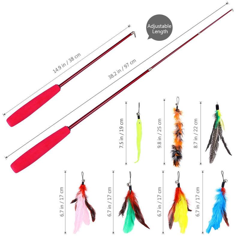 yiqi Retractable Cat Toys Interactive Feather Teaser Wand Toy with 7 Refills Feathers Birds Worms Catcher for Cats Kitten - PawsPlanet Australia