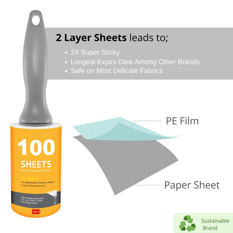 Dinial 2 Lint Roller Handles + 10 Refills (1000 SHEETS IN TOTAL) For All Purpose & Pet Hair - VALUE PACK, More Pickup Per Sheet., Grey - PawsPlanet Australia