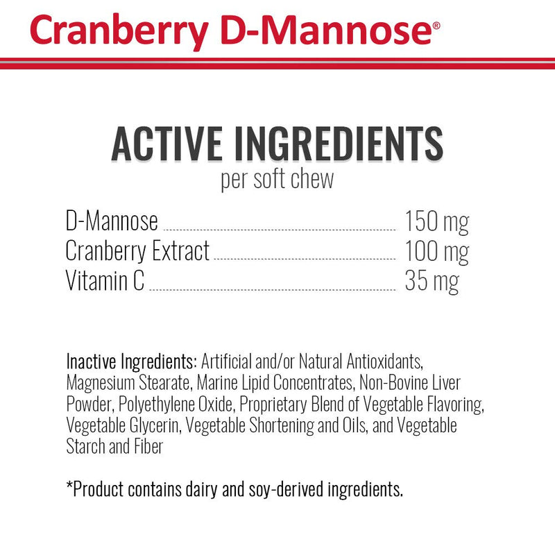 PHS Cranberry D-Mannose Urinary Tract Support Supplement for Cats and Dogs - Cranberry Extract, D-Mannose, Vitamin C - Bladder and Urinary Tract Health - Made in USA - 120 Soft Chews - PawsPlanet Australia