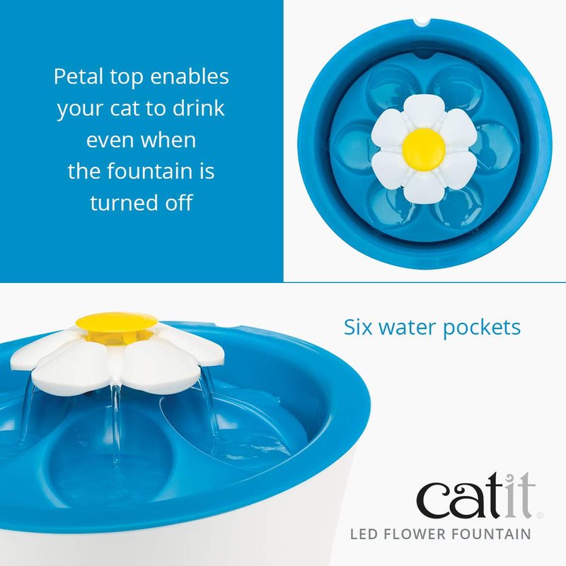 Catit Flower Drinking Fountain with LED Nightlight and Petal Top & Fountain Cleaning Set + Cat Fountain Cleaning Set - PawsPlanet Australia