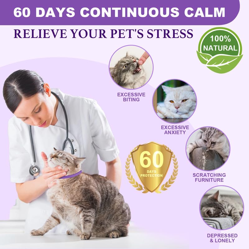 Calming Collar for Cats, Adjustable Calming Collar with Pheromones Cats, Waterproof Calming Collar for Cats Anti Stress for 60 Days for Kittens Large Cats Purple 2 Pieces Purple-2 Pieces - PawsPlanet Australia